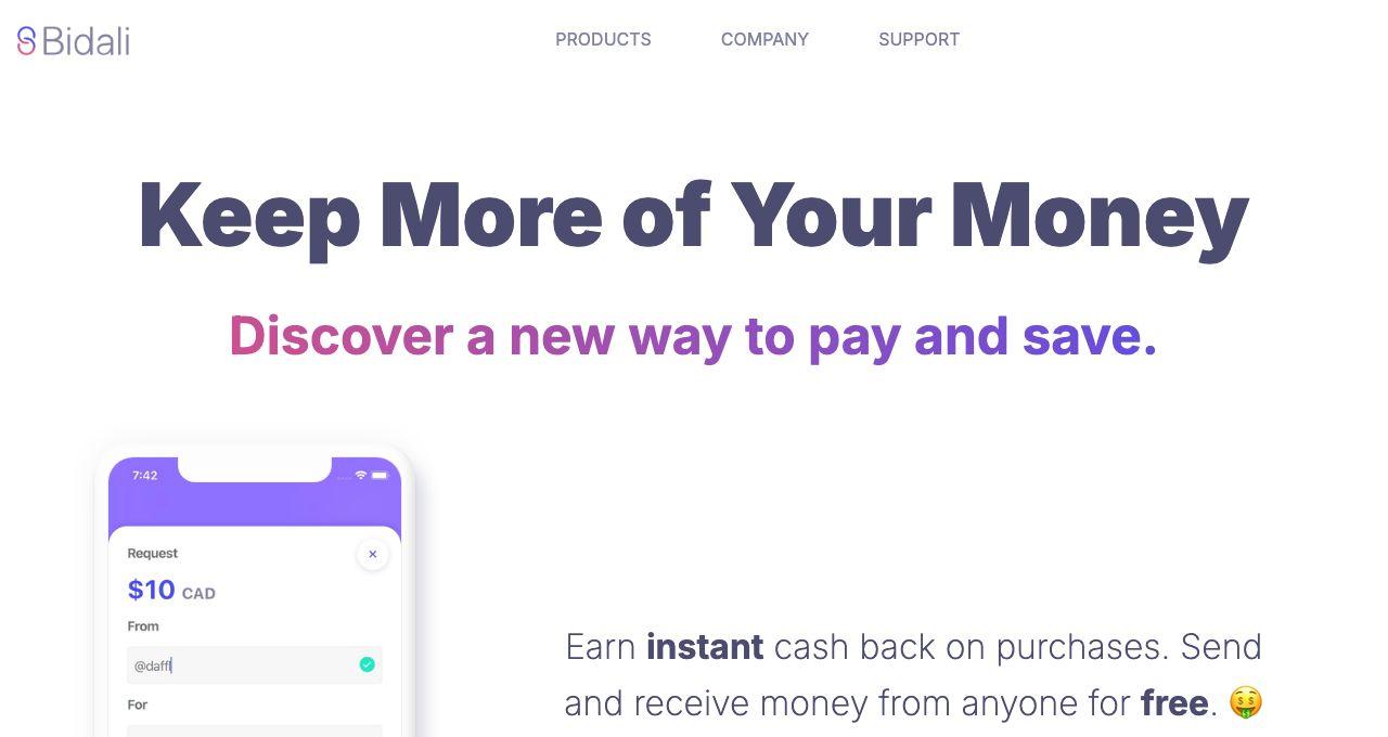 The previous bidali.com home page, with the headline Keep More of Your Money and a phone showing a payment request