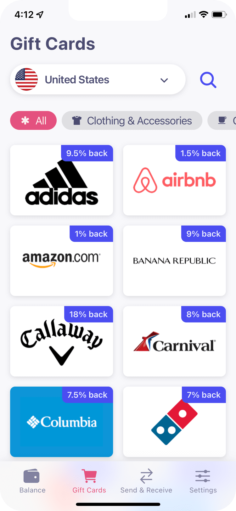The Bidali app gift card catalog