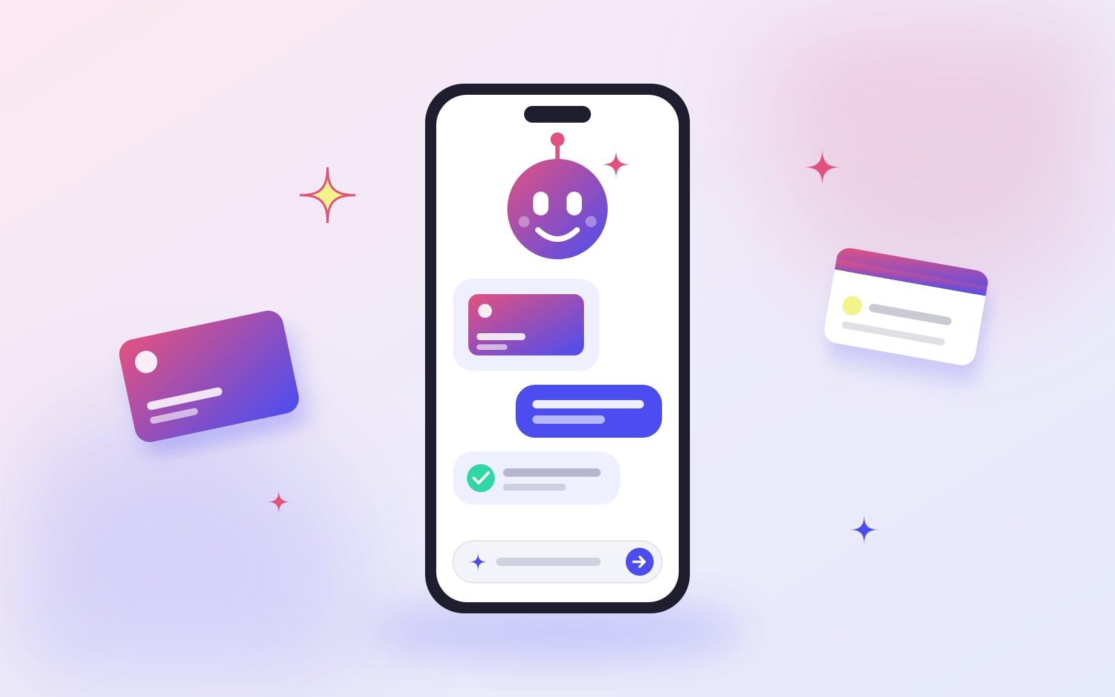 An illustration of a friendly assistant on a phone sending a gift card in a chat