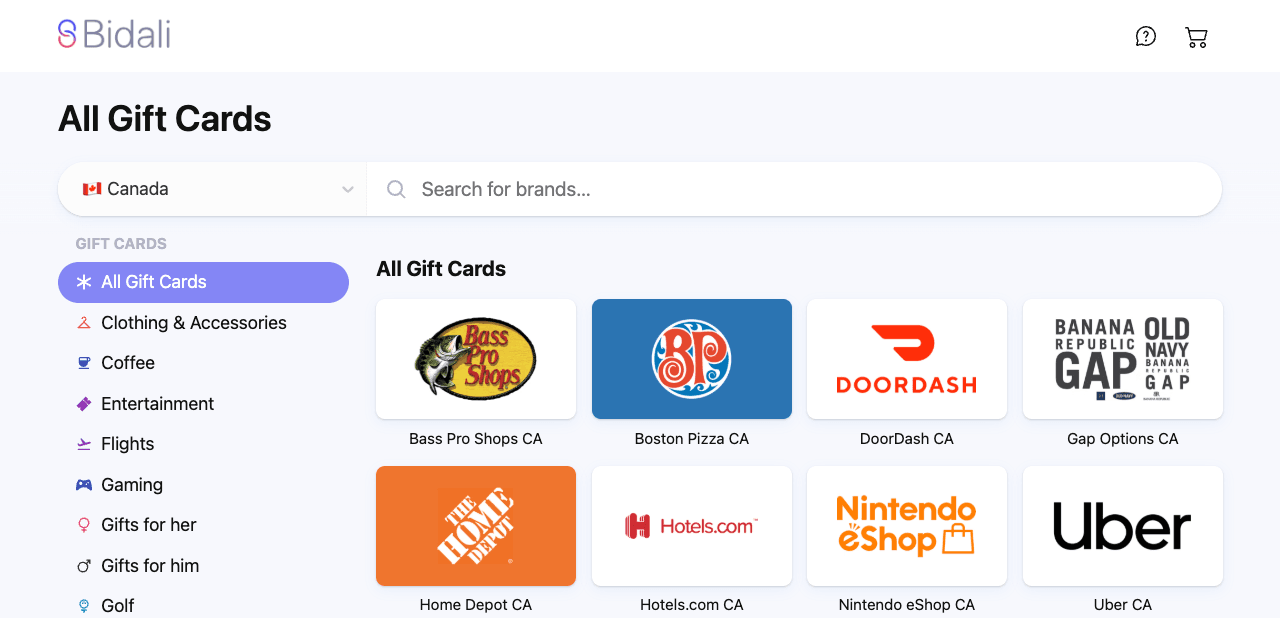The Bidali gift card storefront: a country picker, brand search, categories and a grid of gift cards.