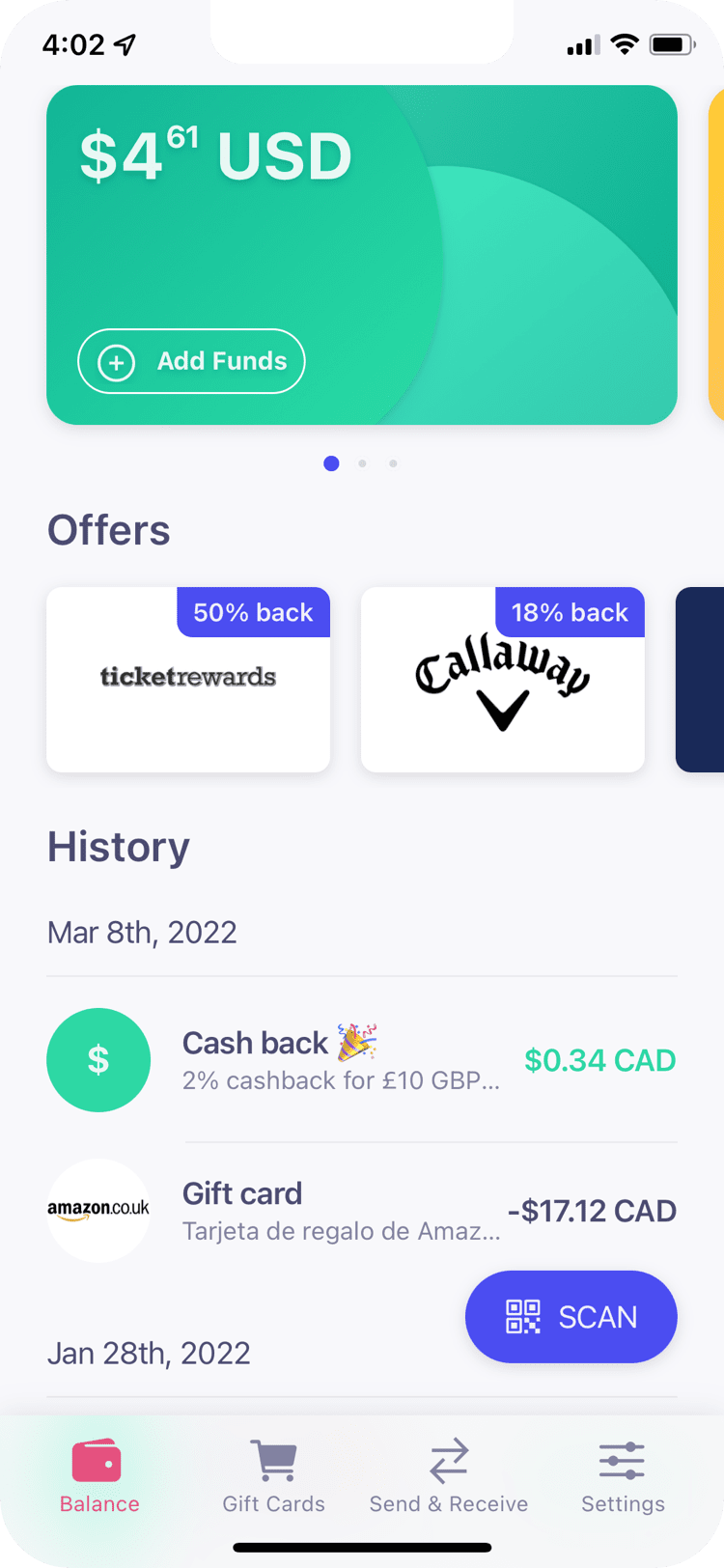 The Bidali app balance screen with offers and cashback history